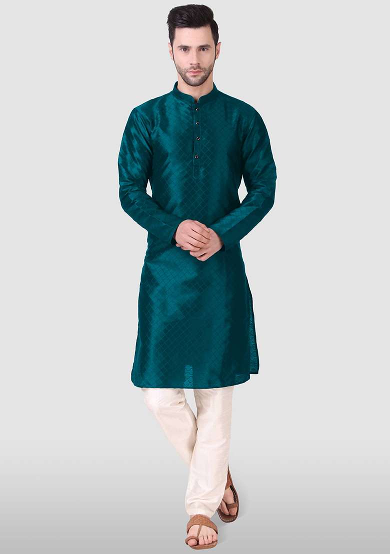 Teal Woven Art Silk Kurta Pyjama Set For Men - Indya