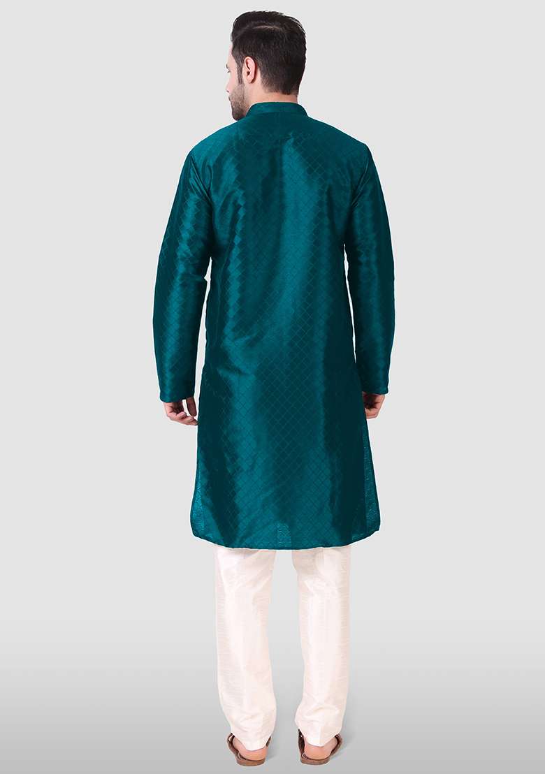 Teal Woven Art Silk Kurta Pyjama Set For Men - Indya