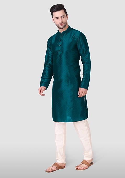 Teal Woven Art Silk Kurta Pyjama Set For Men — view on Indya