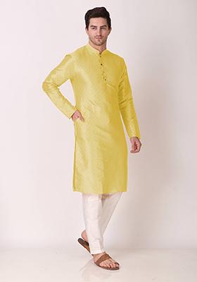 Lemon Yellow Woven Art Silk Kurta Pyjama Set For Men