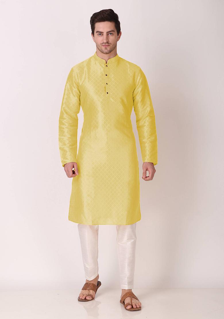 Lemon Yellow Woven Art Silk Kurta Pyjama Set For Men