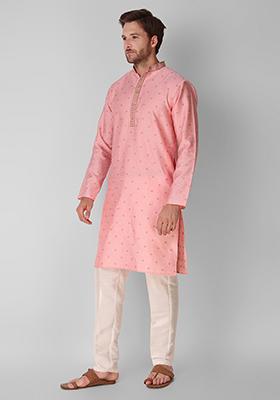 Pink Woven Jacquard Silk Kurta Pyjama Set For Men