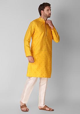 Yellow Woven Jacquard Silk Kurta Pyjama Set For Men