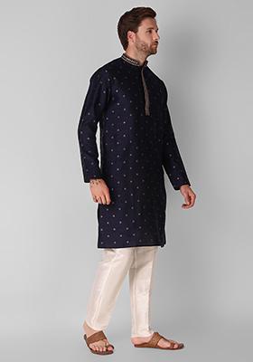 Navy Blue Woven Jacquard Silk Kurta Pyjama Set For Men