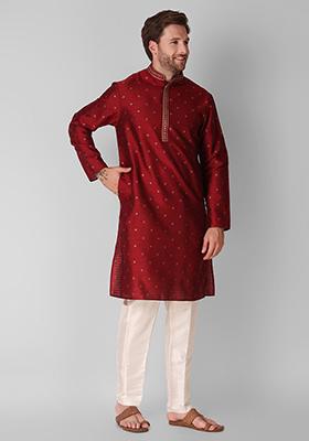 Maroon Woven Jacquard Silk Kurta Pyjama Set For Men