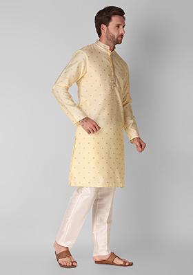 Cream Woven Jacquard Silk Kurta Pyjama Set For Men