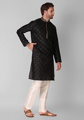 Black Woven Jacquard Silk Kurta Pyjama Set For Men