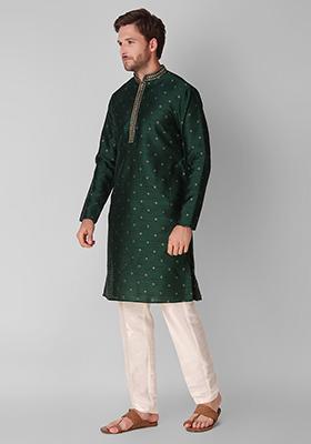 Green Woven Jacquard Silk Kurta Pyjama Set For Men
