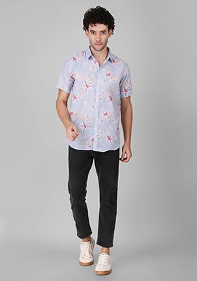 Blue Printed Linen Blend Kurta For Men