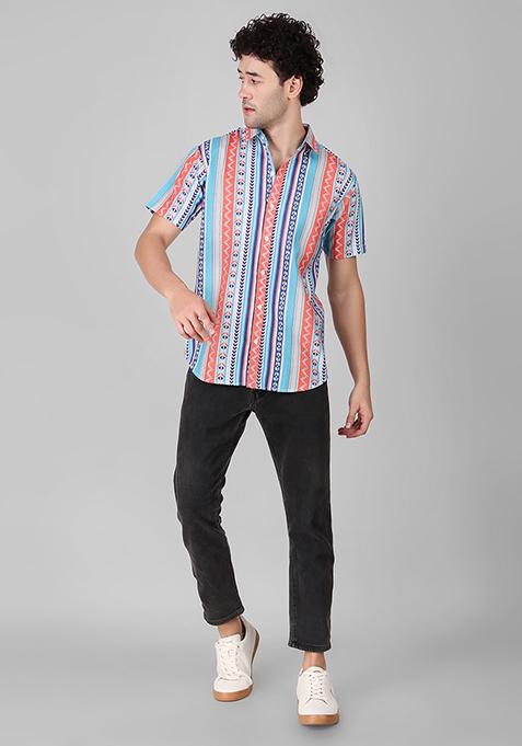Blue Printed Linen Blend Kurta For Men