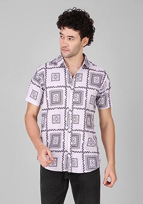 White Printed Linen Blend Kurta For Men