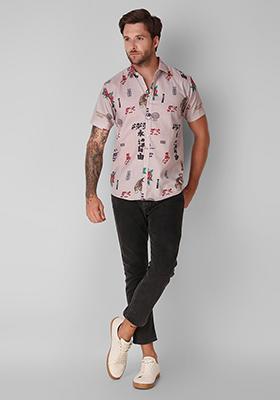 Navy Blue Printed Linen Blend Kurta For Men