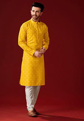 Yellow Printed Cotton Kurta Pyjama Set For Men