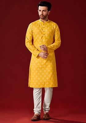 Yellow Printed Cotton Kurta Pyjama Set For Men