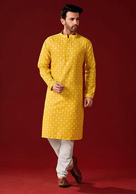 Yellow Printed Cotton Kurta Pyjama Set For Men