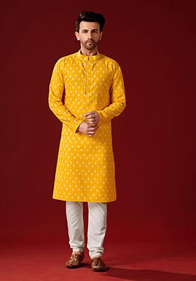 Yellow Printed Cotton Kurta Pyjama Set For Men