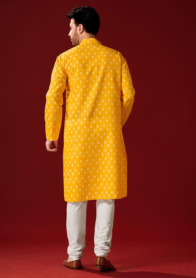 Yellow Printed Cotton Kurta Pyjama Set For Men