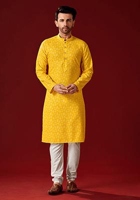 Yellow Printed Cotton Kurta Pyjama Set For Men