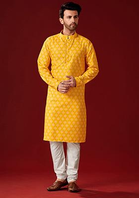 Yellow Printed Cotton Kurta Pyjama Set For Men