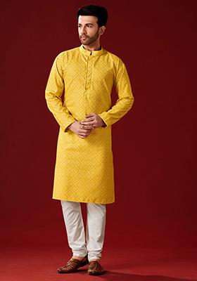 Yellow Printed Cotton Kurta Pyjama Set For Men