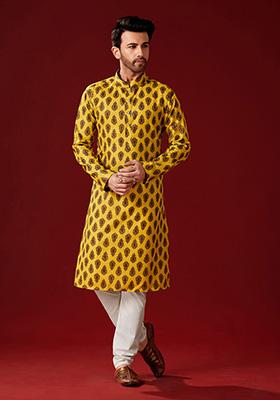 Yellow Printed Cotton Kurta Pyjama Set For Men