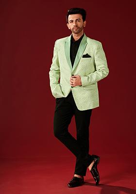 Pista Green Printed Satin Kurta For Men