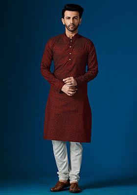 Maroon Printed Cotton Kurta Pyjama Set For Men