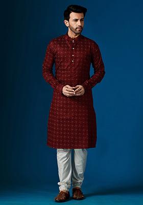 Maroon Printed Cotton Kurta Pyjama Set For Men