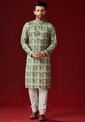 Green Printed Cotton Kurta Pyjama Set For Men