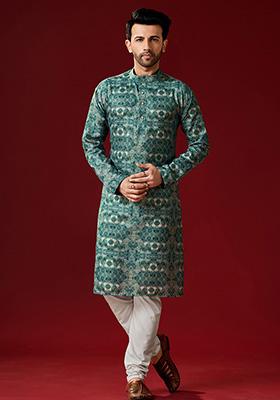 Green Printed Cotton Kurta Pyjama Set For Men