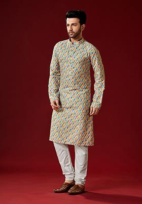 Multicolor Printed Cotton Kurta Pyjama Set For Men