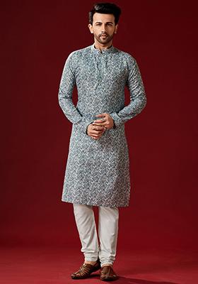 Grey Printed Cotton Kurta Pyjama Set For Men