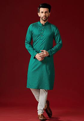 Rama Blue Printed Cotton Kurta Pyjama Set For Men
