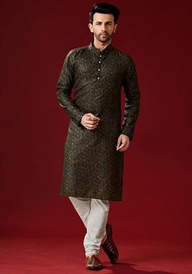 Brown Printed Cotton Kurta Pyjama Set For Men