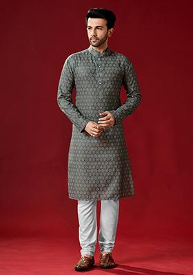 Grey Printed Cotton Kurta Pyjama Set For Men