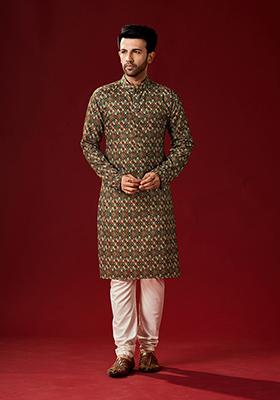 Multicolor Printed Cotton Kurta Pyjama Set For Men