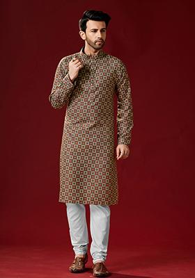 Multicolor Printed Cotton Kurta Pyjama Set For Men
