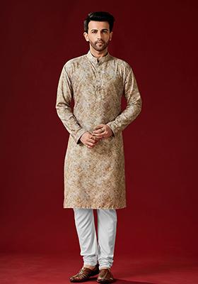 Beige Printed Cotton Kurta Pyjama Set For Men