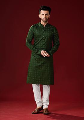 Green Printed Cotton Kurta Pyjama Set For Men