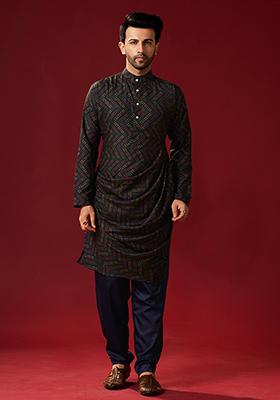 Black Printed Cotton Kurta Pyjama Set For Men
