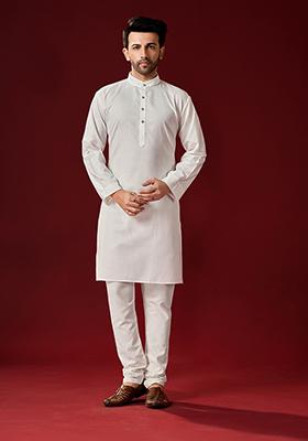 White Solid Cotton Kurta Pyjama Set For Men