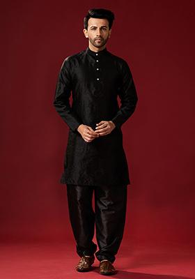 Black Solid Silk Kurta Pyjama Set For Men
