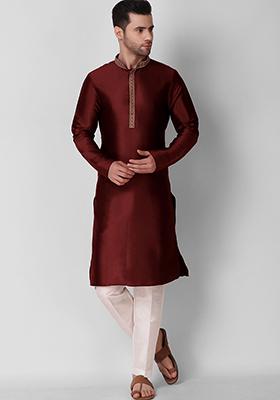 Maroon Embroidered Art Silk Kurta Pyjama Set For Men