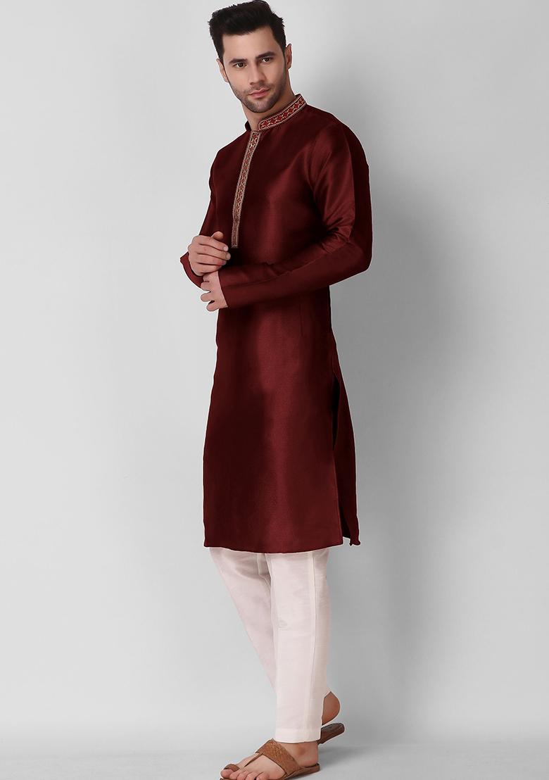 Maroon Embroidered Art Silk Kurta Pyjama Set For Men