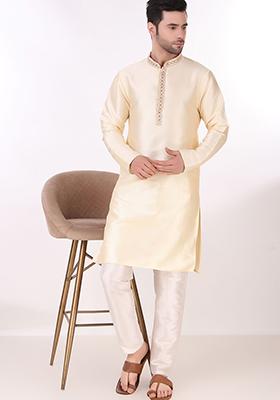 Cream Embroidered Art Silk Kurta Pyjama Set For Men
