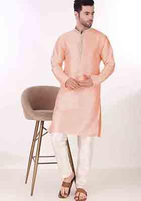 Peach Embroidered Art Silk Kurta Pyjama Set For Men