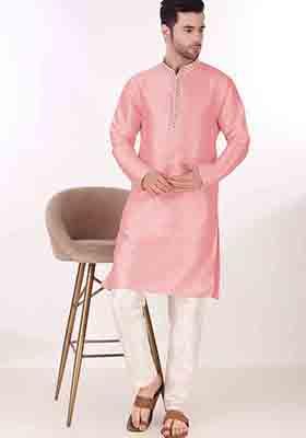 Pink Embroidered Art Silk Kurta Pyjama Set For Men