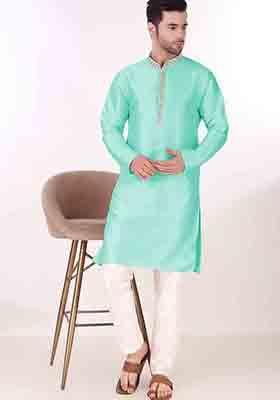 Sea Green Embroidered Art Silk Kurta Pyjama Set For Men