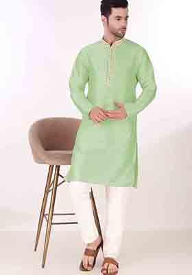 Pista Green Embroidered Art Silk Kurta Pyjama Set For Men