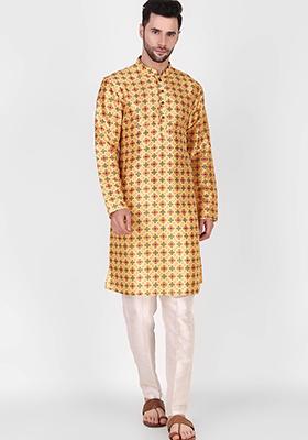 Yellow Printed Art Silk Kurta Pyjama Set For Men